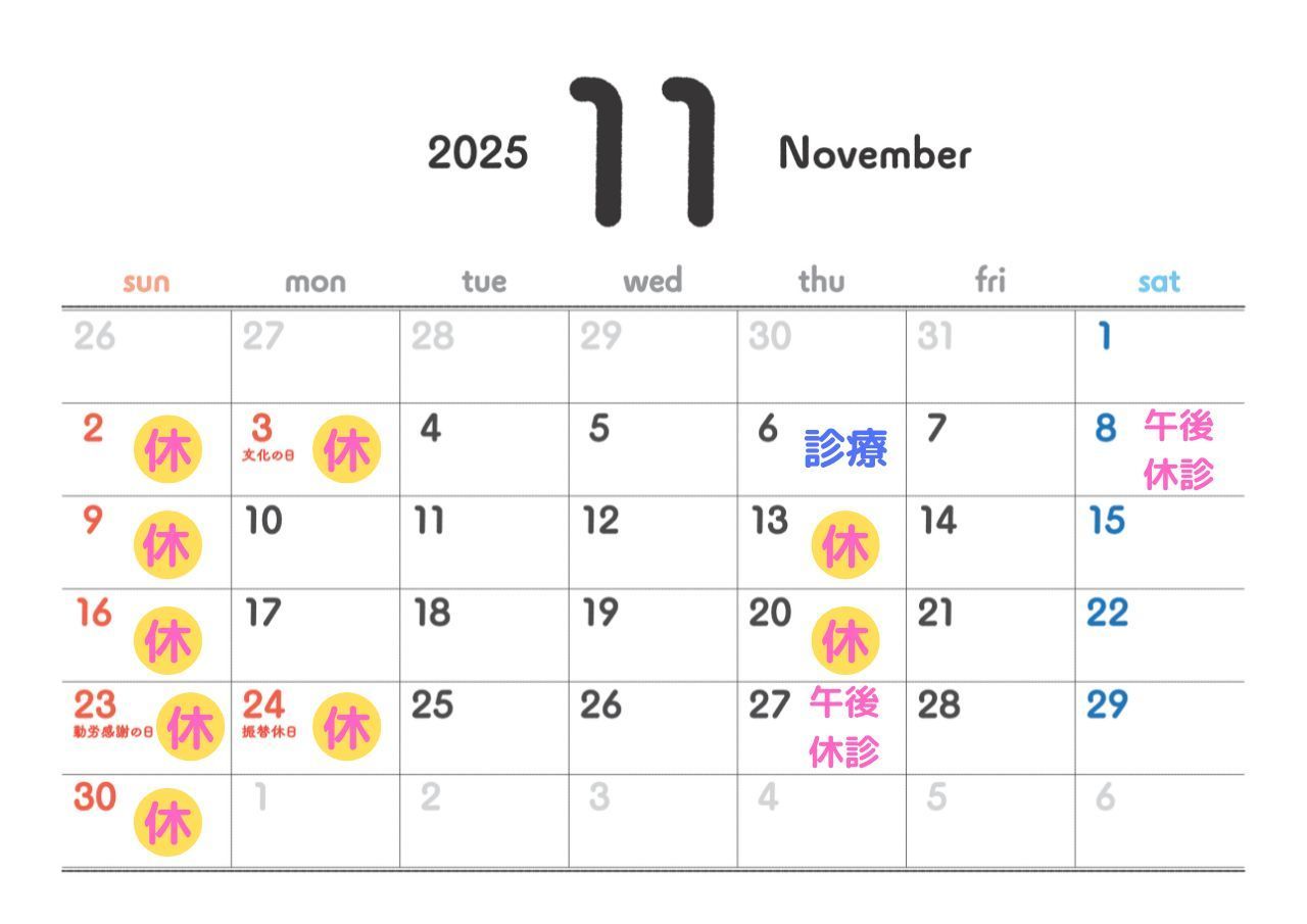 前橋市の歯医者　あおなし歯科クリニック　休診日カレンダー